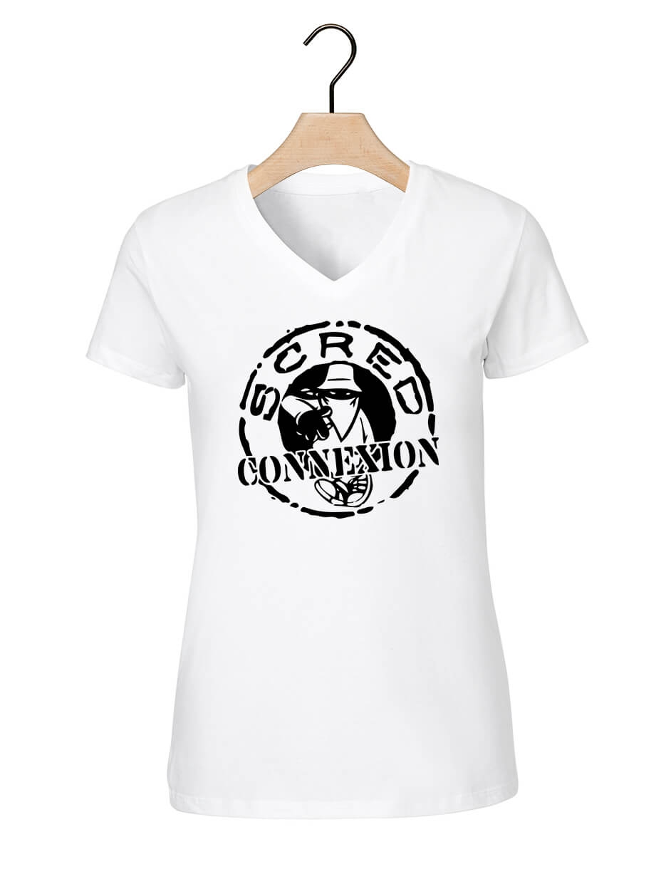 tee-shirt femme Col V "classic" blanc logo noir de scred connexion sur Scredboutique.com