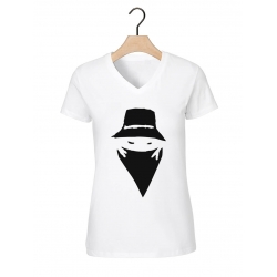 Tee-shirt blanc col V femme "visage" noir de scred connexion sur Scredboutique.com