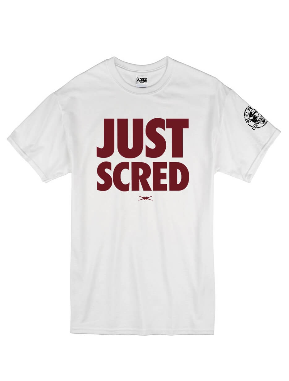 Tee Shirt "Just Scred" Blanc logo Bordeaux de scred connexion sur Scredboutique.com